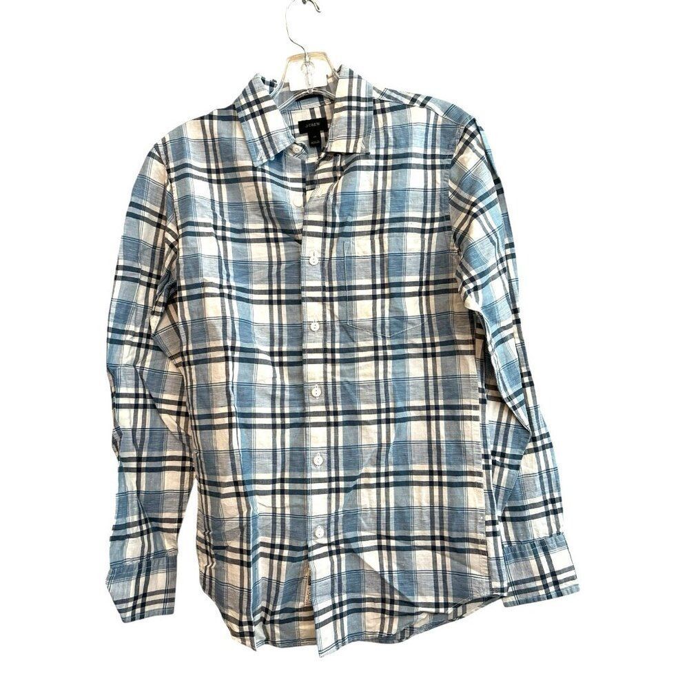 J Crew Mens XS Slim Blue Plaid Linen Blend Button Up Long Sleeve Shirt NWT